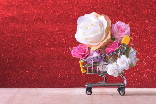 Love and happy Valentines day roses colorful in shopping cart.