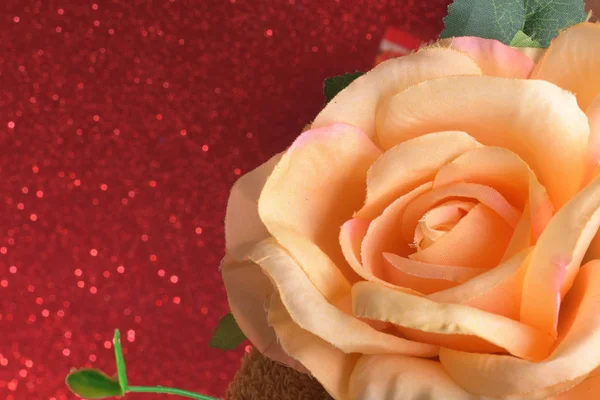 Rosenblüten Valentinstag Auf Rotem Glitzerndem Bokeh Licht Verschwommen Abstrakten Hintergrund — Stockfoto