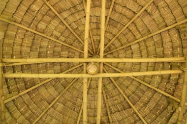 Ahşap kulübe çatı altında pirinç alanındaki görünümü