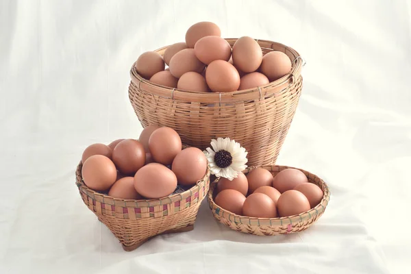 在白色背景下填充的篮子中的鸡蛋 — 图库照片