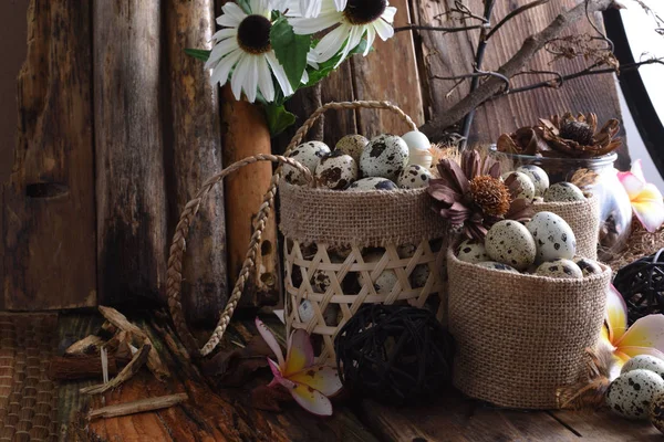 ヴィンテージの木製の背景に卵はウズラのスタジオ撮影 — ストック写真