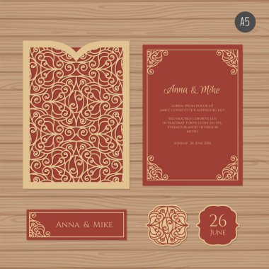 Düğün davetiyesi veya vintage süsleme tebrik kartı. Kağıt dantel zarf şablonu. Davetiye Zarfı mock-up lazer kesim için düğün. Vektör çizim.