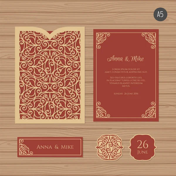 Düğün davetiyesi veya vintage süsleme tebrik kartı. Kağıt dantel zarf şablonu. Davetiye Zarfı mock-up lazer kesim için düğün. Vektör çizim.
