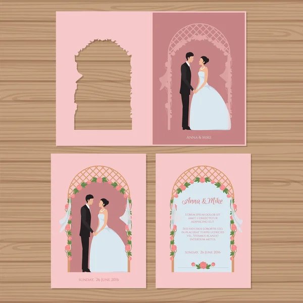 Invitation de mariage avec mariée et marié sur le fond d'une arche de mariage. Illustration vectorielle . — Image vectorielle