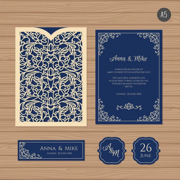 Convite de casamento ou cartão de saudação com ornamento vintage. Modelo de envelope de renda de papel. Casamento convite envelope mock-up para corte a laser. Ilustração vetorial . —  Vetores de Stock