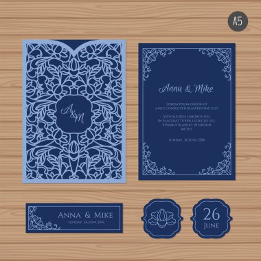 Düğün davetiyesi veya vintage süsleme tebrik kartı. Kağıt dantel zarf şablonu. Davetiye Zarfı mock-up lazer kesim için düğün. Vektör çizim.