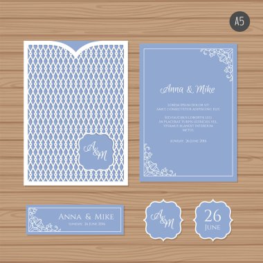 Düğün davetiyesi veya vintage süsleme tebrik kartı. Kağıt dantel zarf şablonu. Davetiye Zarfı mock-up lazer kesim için düğün. Vektör çizim.