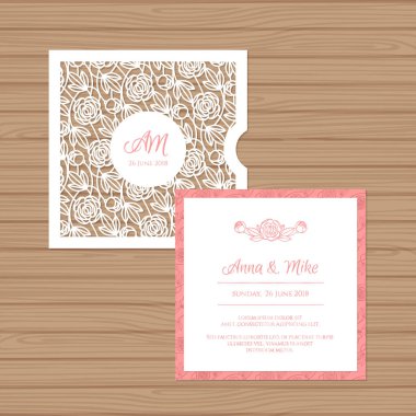 Düğün davetiyesi veya çiçek süsleme tebrik kartı. Lazer kare zarf şablonu kesti. Lazer kesim için davetiye zarf düğün. Vektör çizim.