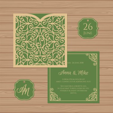 Düğün davetiyesi veya vintage süsleme tebrik kartı. Kağıt dantel kare zarf şablonu. Davetiye Zarfı mock-up lazer kesim için düğün. Vektör çizim.