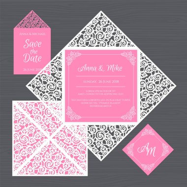 Düğün davetiyesi veya çiçek süsleme tebrik kartı. Kağıt dantel zarf şablonu. Davetiye Zarfı mock-up lazer kesim için düğün. Vektör çizim.