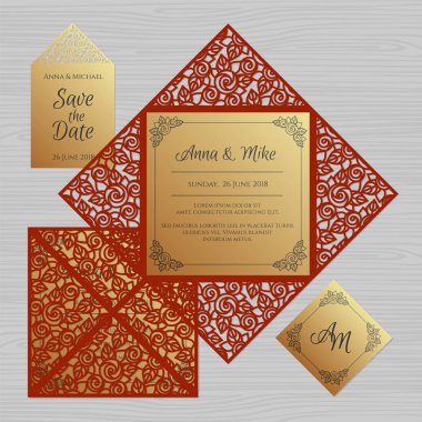 Düğün davetiyesi veya çiçek süsleme tebrik kartı. Kağıt dantel zarf şablonu. Davetiye Zarfı mock-up lazer kesim için düğün. Vektör çizim.