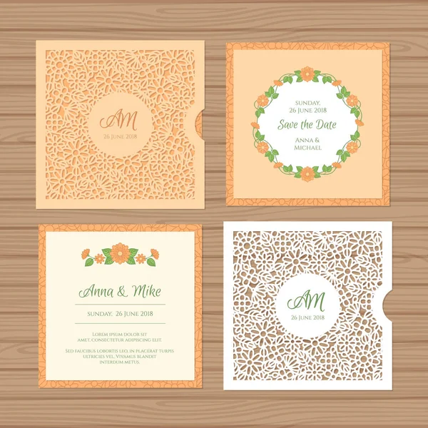 Wedding invitation or greeting card with flower ornament. Cut laser square envelope template. Wedding invitation envelope for laser cutting. Vector illustration. — Stock Vector