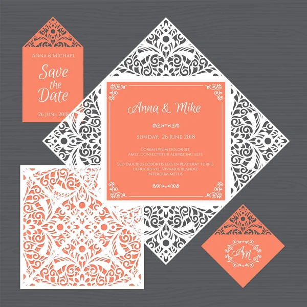 Düğün davetiyesi veya vintage süsleme tebrik kartı. Kağıt dantel zarf şablonu. Davetiye Zarfı mock-up lazer kesim için düğün. Vektör çizim.