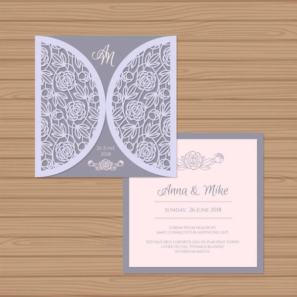 Invitation de mariage ou carte de vœux avec ornement de fleurs. Découper un modèle d'enveloppe carré laser. Enveloppe d'invitation de mariage pour découpe laser. Illustration vectorielle . — Image vectorielle