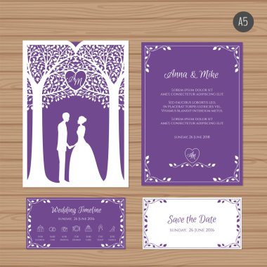 Gelin ve damat ve ağaç ile düğün davetiyesi. Kağıt dantel zarf şablonu. Davetiye Zarfı mock-up lazer kesim için düğün. Vektör çizim.
