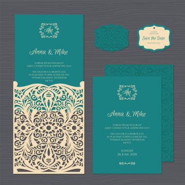 Düğün davetiyesi veya vintage süsleme tebrik kartı. Kağıt dantel zarf şablonu. Davetiye Zarfı mock-up lazer kesim için düğün. Vektör çizim.