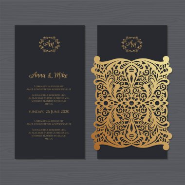 Düğün davetiyesi veya vintage süsleme tebrik kartı. Kağıt dantel zarf şablonu. Davetiye Zarfı mock-up lazer kesim için düğün. Vektör çizim.