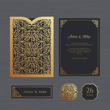 Düğün davetiyesi veya vintage süsleme tebrik kartı. Kağıt dantel zarf şablonu. Davetiye Zarfı mock-up lazer kesim için düğün. Vektör çizim.