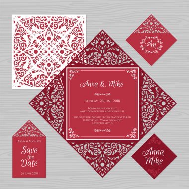 Düğün davetiyesi veya vintage süsleme tebrik kartı. Kağıt dantel zarf şablonu. Davetiye Zarfı mock-up lazer kesim için düğün. Vektör çizim.