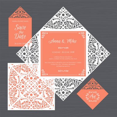 Düğün davetiyesi veya vintage süsleme tebrik kartı. Kağıt dantel zarf şablonu. Davetiye Zarfı mock-up lazer kesim için düğün. Vektör çizim.