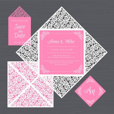 Düğün davetiyesi veya çiçek süsleme tebrik kartı. Kağıt dantel zarf şablonu. Davetiye Zarfı mock-up lazer kesim için düğün. Vektör çizim.