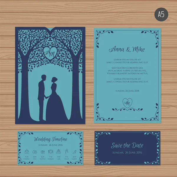 Свадебное приглашение с женихом и невестой и деревом. Шаблон бумажного кружева. Образец свадебного конверта для лазерной резки. Векторная иллюстрация . — стоковый вектор