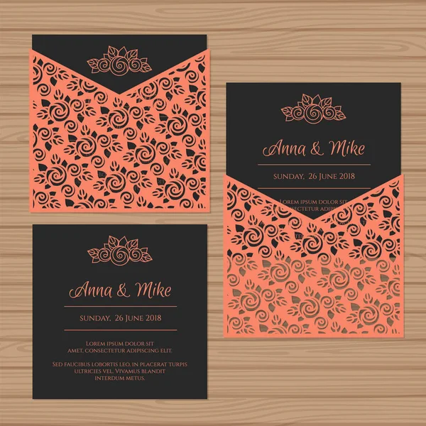 Convite de casamento ou cartão de saudação com ornamento de flores. Corte modelo de envelope quadrado laser. Envelope convite de casamento para corte a laser. Ilustração vetorial . —  Vetores de Stock