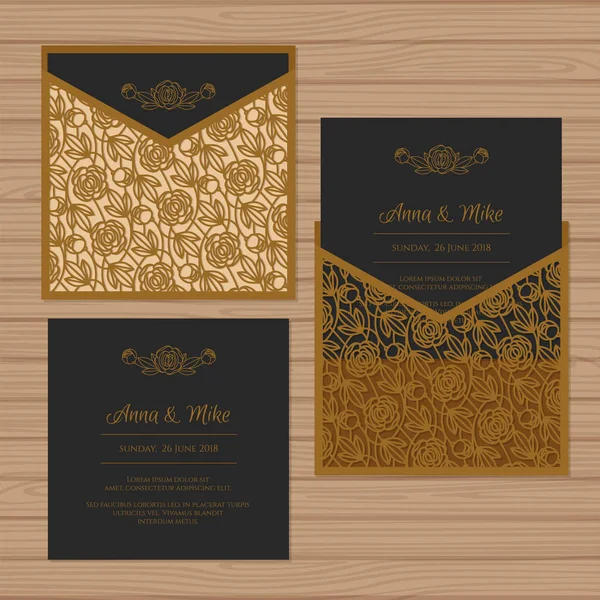 Invitation de mariage ou carte de vœux avec ornement de fleurs. Découper un modèle d'enveloppe carré laser. Enveloppe d'invitation de mariage pour découpe laser. Illustration vectorielle . — Image vectorielle