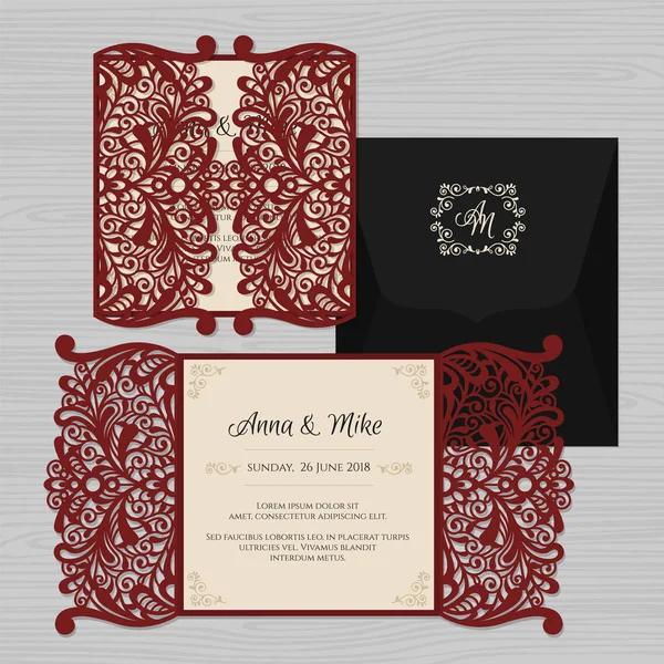 Invitación a la boda o tarjeta de felicitación con adorno vintage. Plantilla sobre de encaje de papel. Envolvente de invitación de boda maqueta para corte por láser. Ilustración vectorial . — Vector de stock