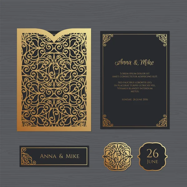Düğün davetiyesi veya vintage süsleme tebrik kartı. Kağıt dantel zarf şablonu. Davetiye Zarfı mock-up lazer kesim için düğün. Vektör çizim.