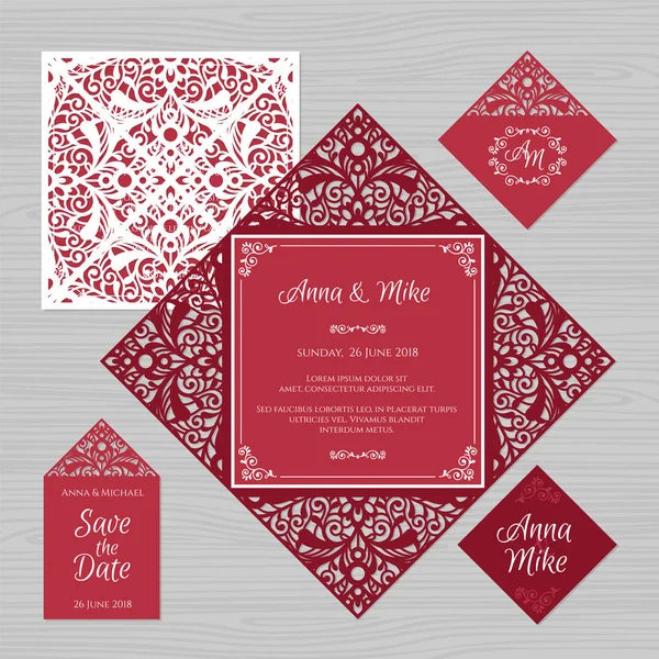 Düğün davetiyesi veya vintage süsleme tebrik kartı. Kağıt dantel zarf şablonu. Davetiye Zarfı mock-up lazer kesim için düğün. Vektör çizim.