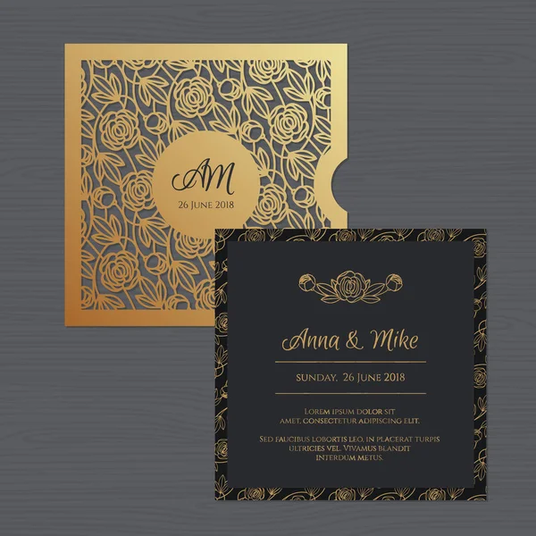 Convite de casamento ou cartão de saudação com ornamento de flores. Corte modelo de envelope quadrado laser. Envelope convite de casamento para corte a laser. Ilustração vetorial . — Vetor de Stock