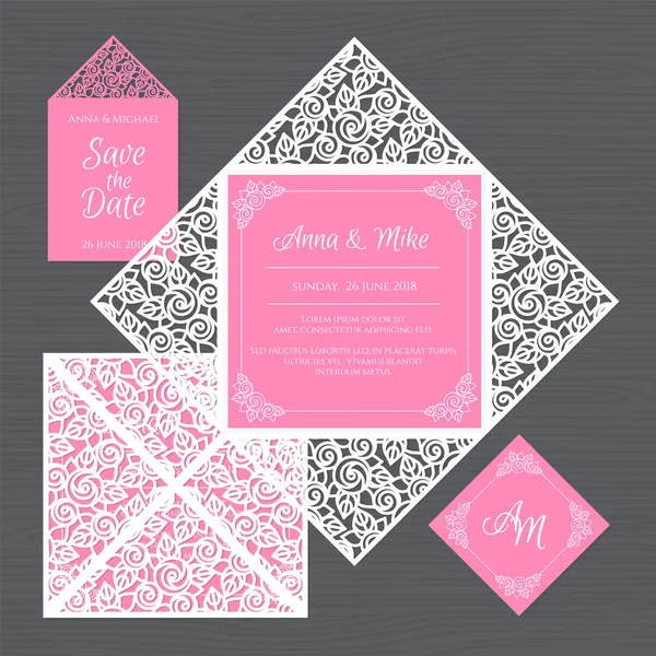 Düğün davetiyesi veya çiçek süsleme tebrik kartı. Kağıt dantel zarf şablonu. Davetiye Zarfı mock-up lazer kesim için düğün. Vektör çizim.