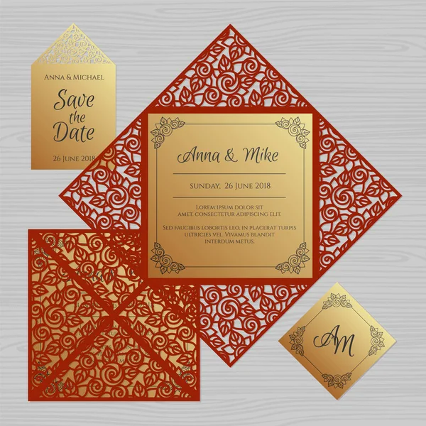 Düğün davetiyesi veya çiçek süsleme tebrik kartı. Kağıt dantel zarf şablonu. Davetiye Zarfı mock-up lazer kesim için düğün. Vektör çizim.