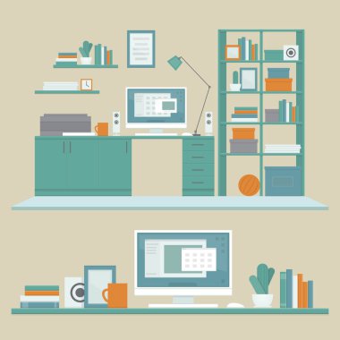 İşyeri freelancer Masası, bilgisayar, raflar ve ekipman ile. Çalışma alanı. Ev ofis. Çalışma odası modern iç. Düz tasarım stili, vektör çizim.
