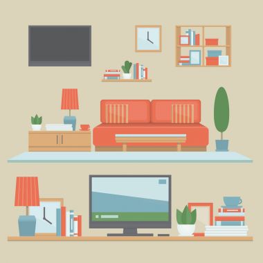 Oturma odası modern iç ve eşyalarını raflara. Önden Görünüm iç küme. Düz tasarım stili, vektör çizim.