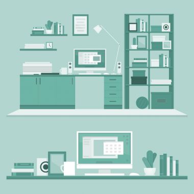 İşyeri freelancer Masası, bilgisayar, raflar ve ekipman ile. Çalışma alanı. Ev ofis. Çalışma odası modern iç. Düz tasarım stili, vektör çizim.