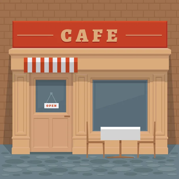 Facade lokala gatan café med fönster, dörrar och tabell, framifrån. Framsidan av huset. Vector detaljerad illustration. — Stock vektor