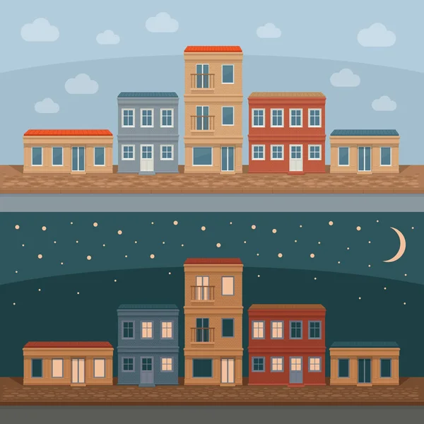 Old town street with retro building facades, front view. Day and night. City background. Vector detailed illustration. — Stock Vector