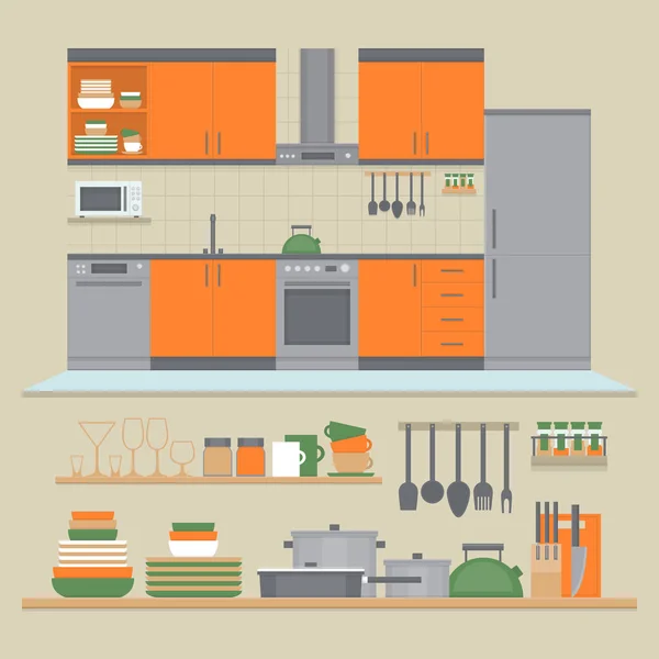 Interior de la cocina y estantes con platos y utensilios de cocina. Conjunto interior vista frontal. Estilo de diseño plano, ilustración vectorial . — Vector de stock