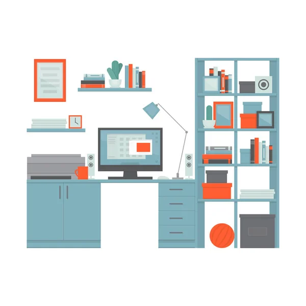 Lieu de travail indépendant avec bureau, ordinateur, étagères et équipement. Espace de travail. Bureau à domicile. Salle de travail intérieur moderne. Style design plat, illustration vectorielle. Isolé sur fond blanc . — Image vectorielle