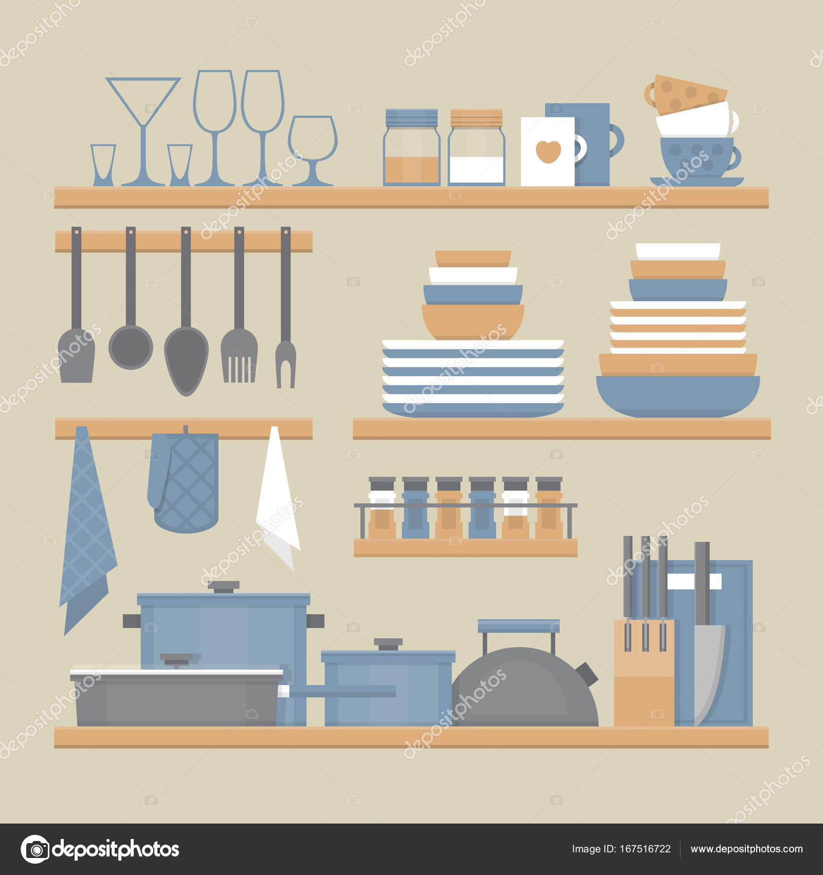 Mensole da cucina e utensili da cucinare. Stile piano, illustrazione ... Mensole da cucina e utensili da cucinare. Stile piano, illustrazione ...