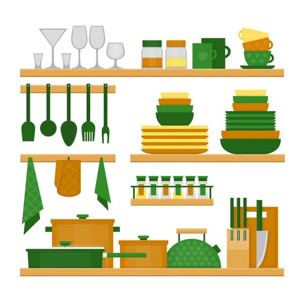 Estantes de cocina y utensilios de cocina. Estilo plano, ilustración vectorial . — Vector de stock