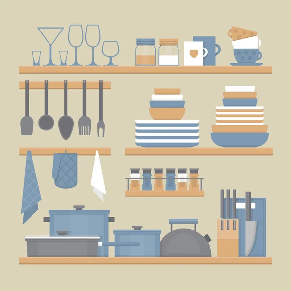 Estantes de cocina y utensilios de cocina. Estilo plano, ilustración vectorial . — Vector de stock