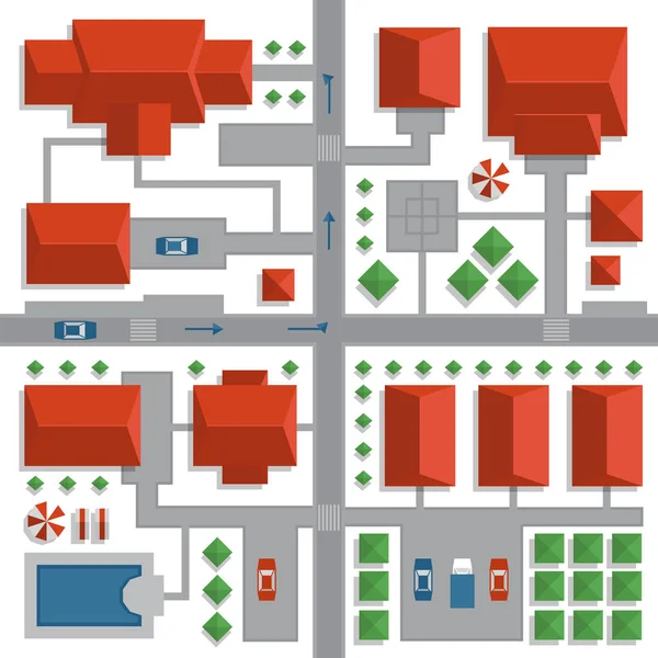 Widok z góry Mapa miasta z ulic i domów. Widok z góry. Ilustracja wektorowa. — Wektor stockowy