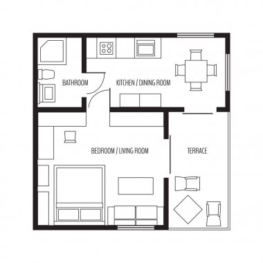 Vektör düz projeksiyon daire. Küçük ev planı mobilya ile. Siyah beyaz resim.