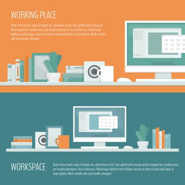 İşyeri freelancer Masası, bilgisayar, raflar ve ekipman ile. Çalışma alanı kavramı. Ev ofis. Çalışma odası modern iç. Düz tasarım stili, vektör çizim. 