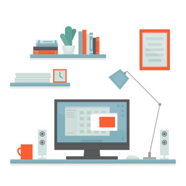 İşyeri freelancer Masası, bilgisayar, raflar ve ekipman ile. Çalışma alanı. Ev ofis. Çalışma odası modern iç. Düz tasarım stili, vektör çizim. Beyaz arka plan üzerinde izole.