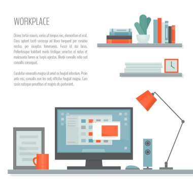 Çalışma masası, bilgisayar, raflar ve ekipman ile. Çalışma alanı. Ev ofis. Çalışma odası modern iç. Düz tasarım stili, vektör çizim. 