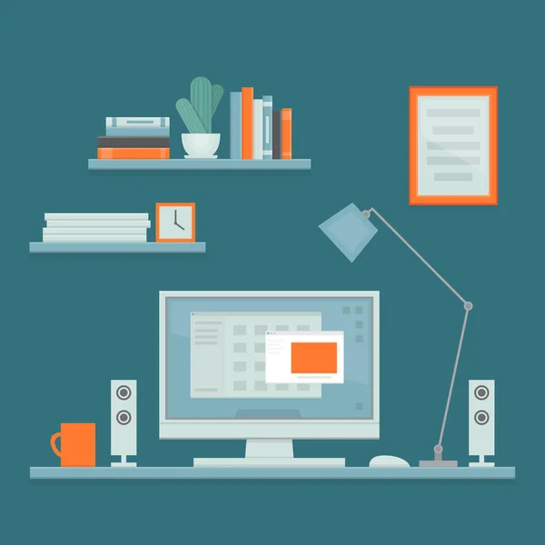 Workplace freelancer with desk, computer, shelves and equipment. Workspace. Home office. Work room modern interior. Flat design style, vector illustration. — Stock Vector